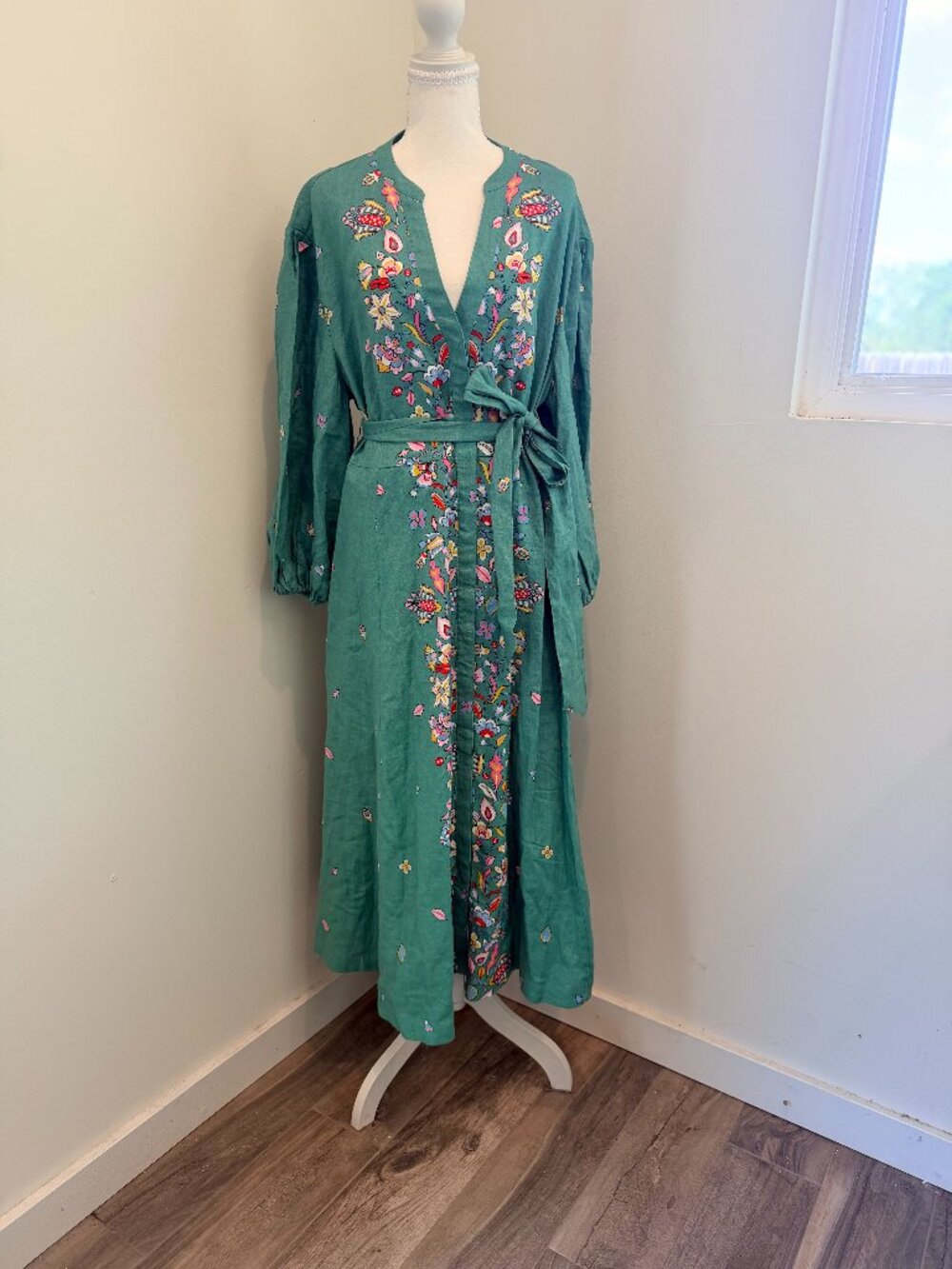 Boden Green Embroidered Linen Maxi Dress Balloon Sleeve Boho Tie Waist Size 14R
